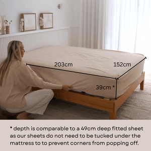 Person measuring a mattress with dimensions displayed on a bed in a bedroom on a Arthritis-friendly fitted sheet corner design