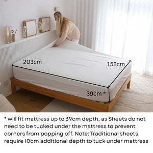 Queen bed with lady in cream top making the bed. The bed has the sizing of the fitted sheet which is 203cm by 152cm by 39cm. It states that it will fit mattress up the 39cm depth as sheets do not need to be tucked under the mattress to prevent corners from popping off. Note: Traditional sheets require 10cm additional depth to tuck under the mattress