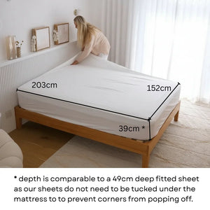 Person measuring a mattress with dimensions displayed on a bed in a bedroom on a Arthritis-friendly fitted sheet corner design