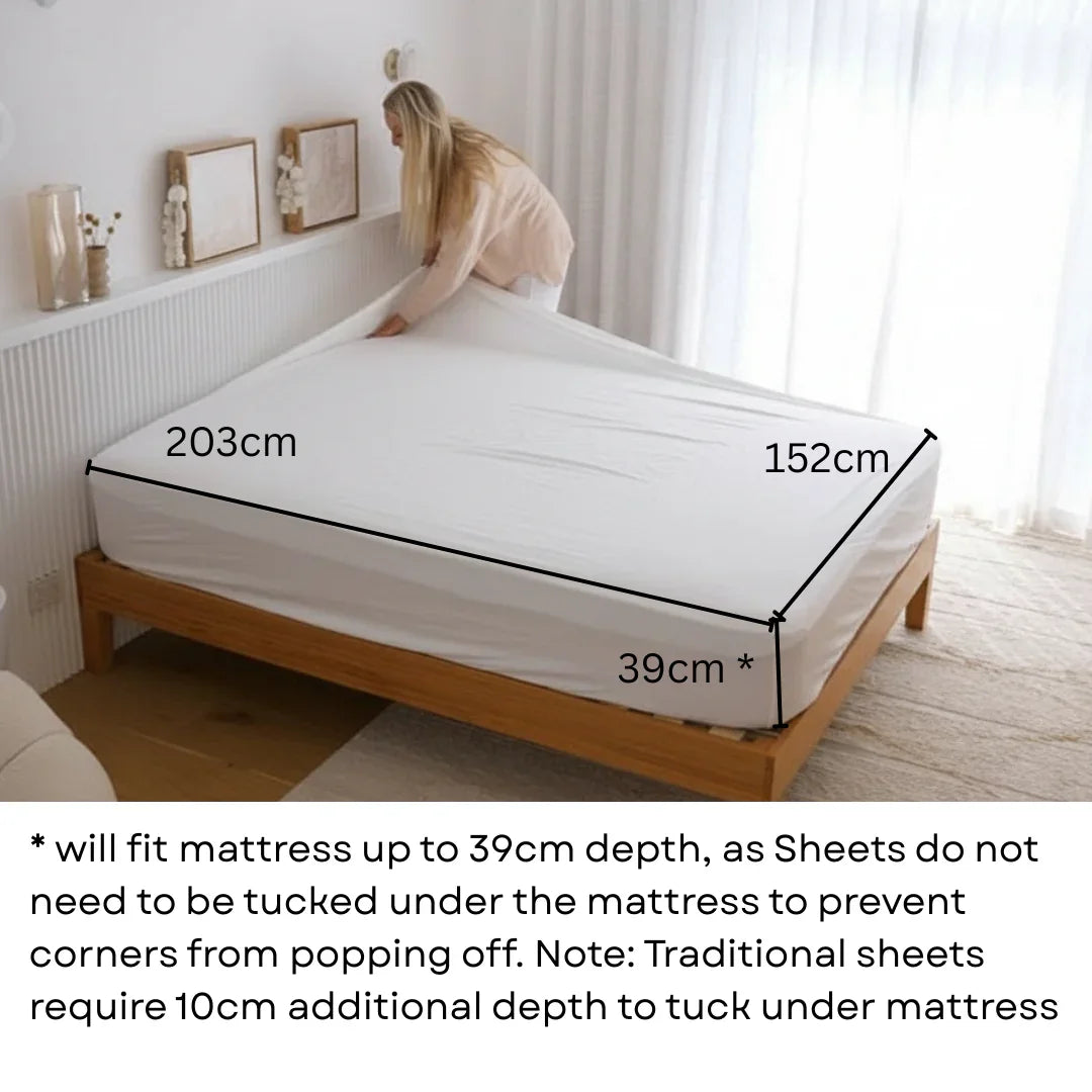 Queen bed with lady in cream top making the bed. The bed has the sizing of the fitted sheet which is 203cm by 152cm by 39cm. It states that it will fit mattress up the 39cm depth as sheets do not need to be tucked under the mattress to prevent corners from popping off. Note: Traditional sheets require 10cm additional depth to tuck under the mattress